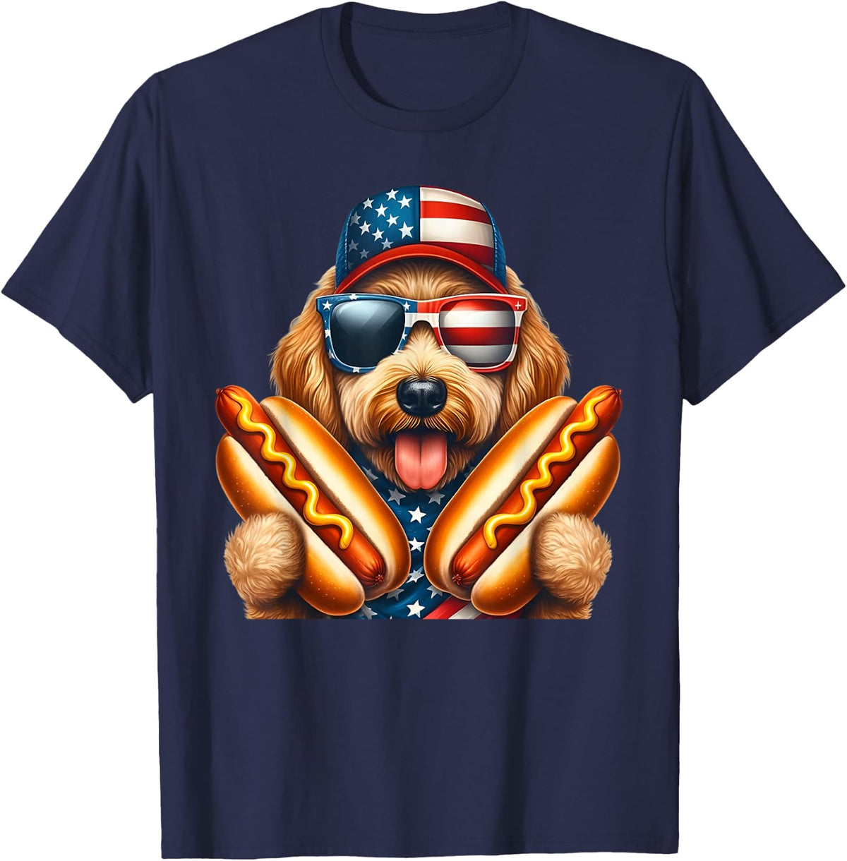 Goldendoodle 4th of july Hotdog Patriotic Golden Doodle Dog T-Shirt - Navy Blue