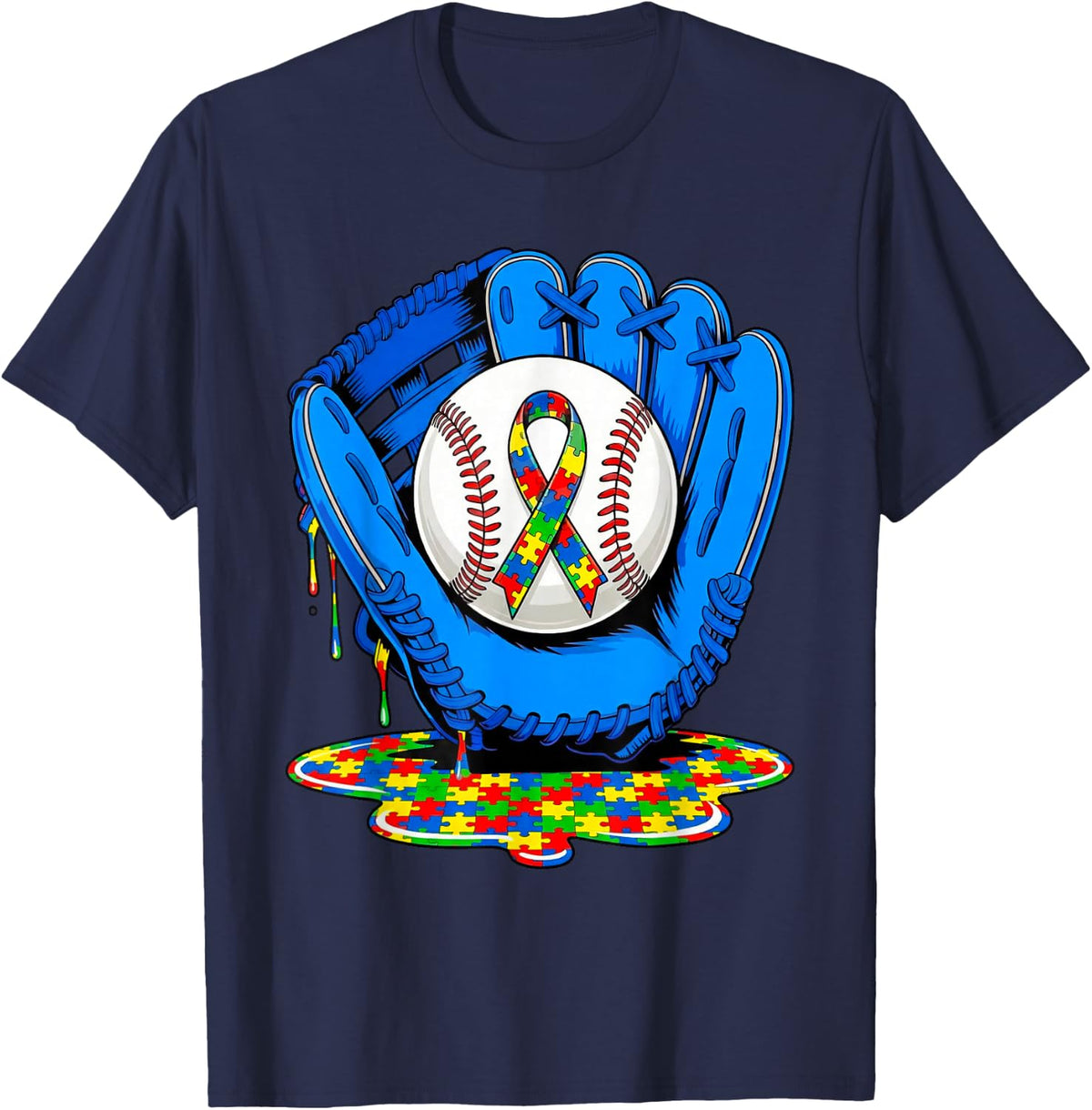 in April We Wear Blue Autism Baseball Drip T-Shirt Tee Men Women Youth - Navy Blue