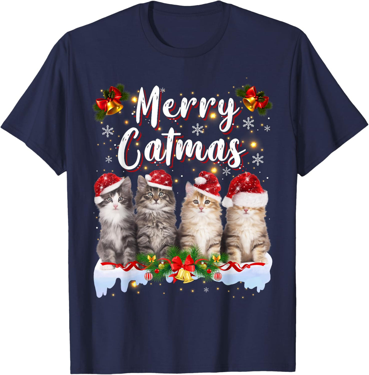 Cat Christmas Santa Hat Funny Merry Catmas Meowy Men Women T-Shirt - Navy Blue