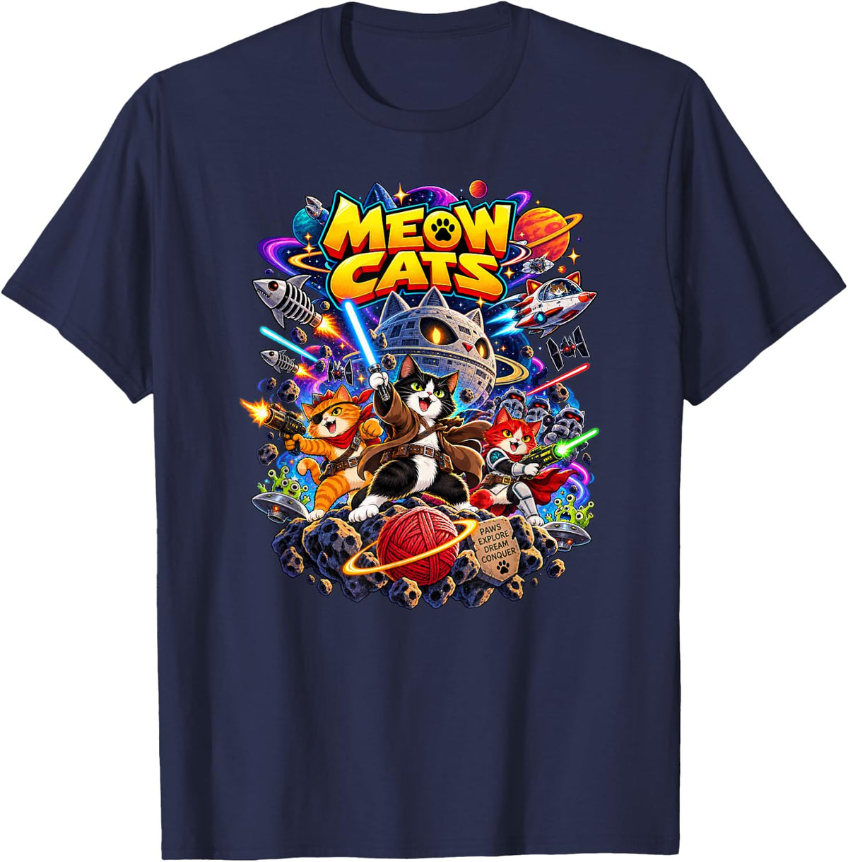 Space Cats Galactic Adventure Cosmic Cartoon T-Shirt - Navy Blue