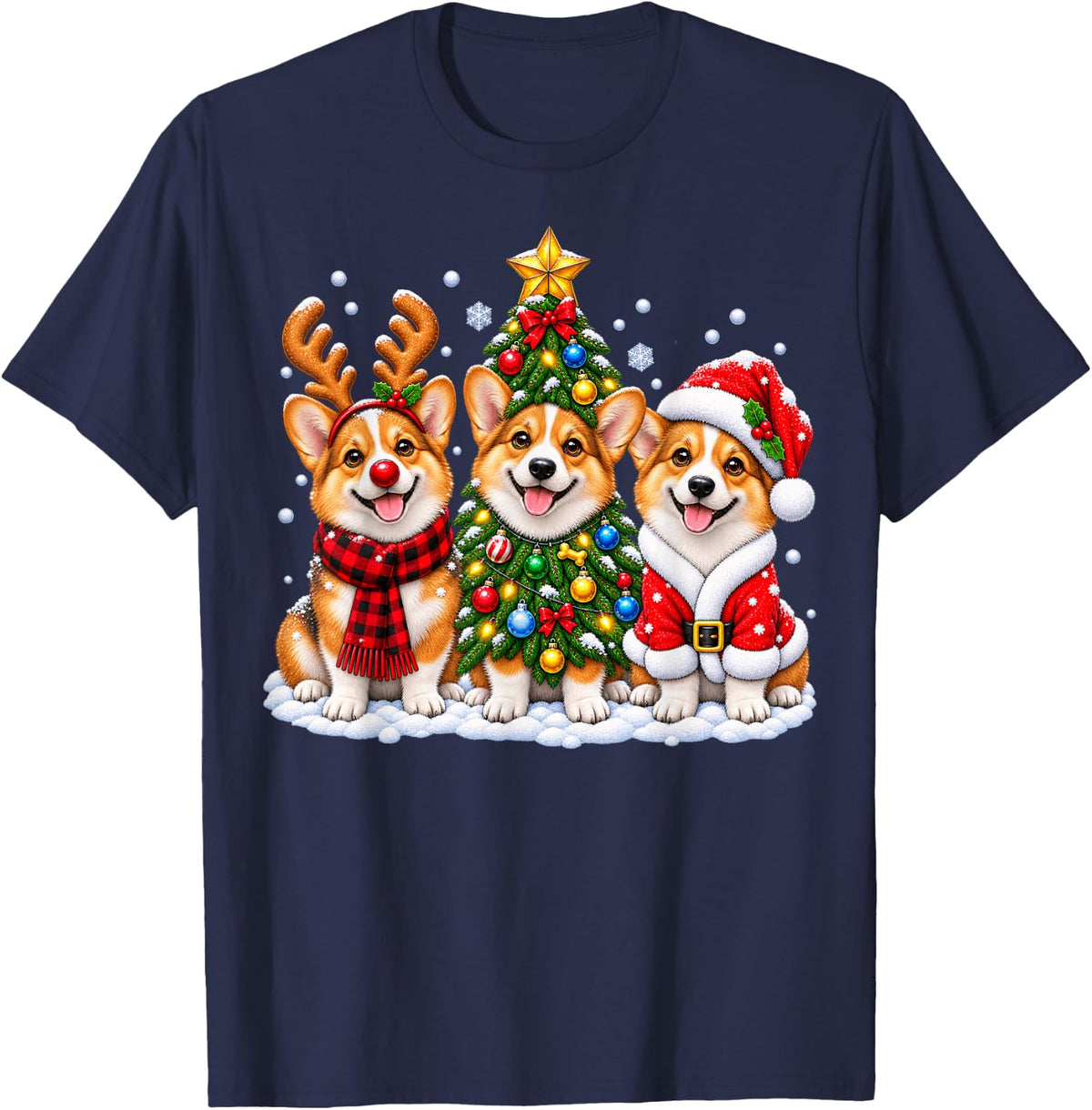 Pembroke Welsh Corgi Dog Merry Christmas Santa Hat Holidays T-Shirt - Navy Blue
