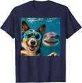 Funny Tri Color Corgi Dog Selfie with Shark Ocean Lovers T-Shirt - Navy Blue