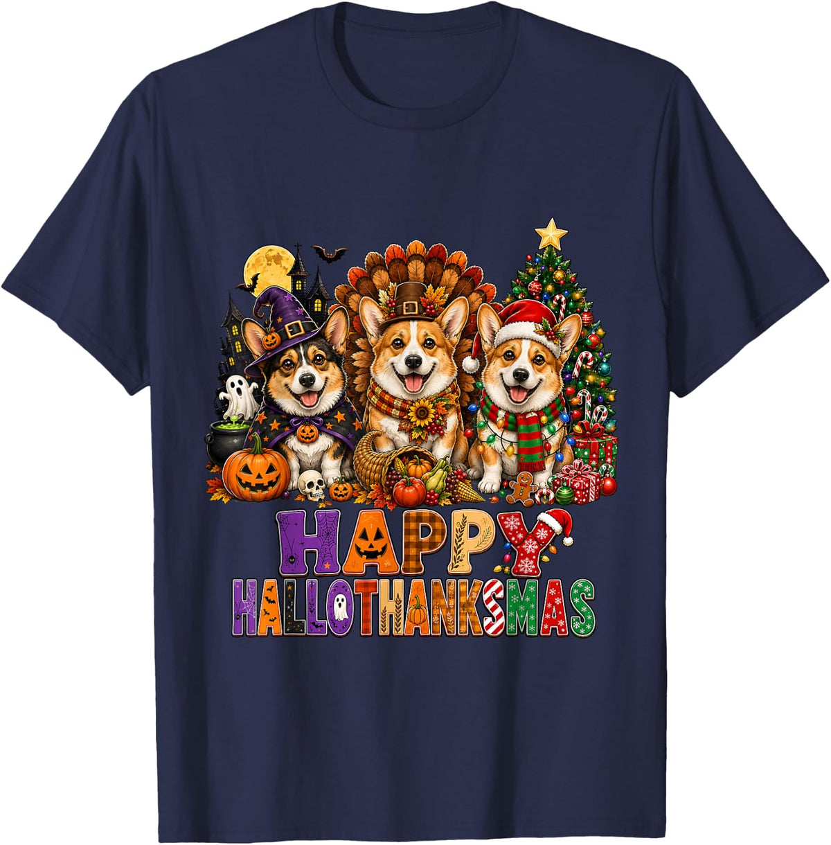 Happy Halloween Thanksgiving Christmas Pembroke Welsh Corgi T-Shirt - Navy Blue