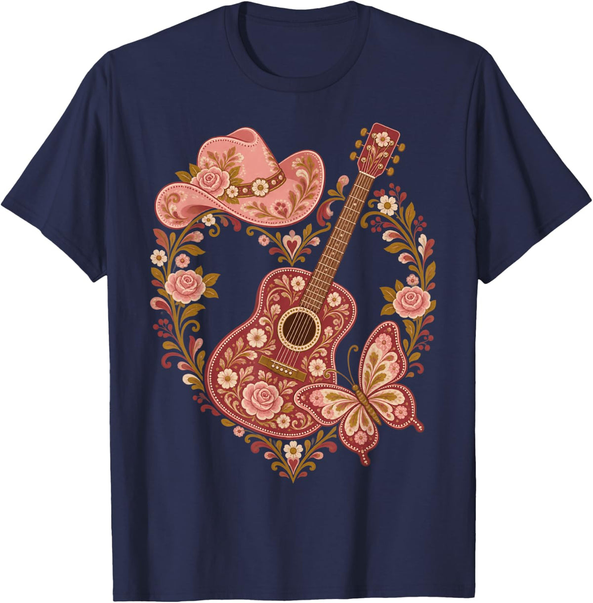 Western Guitar Butterfly Floral Cowgirl Aesthetic T-Shirt - Navy Blue