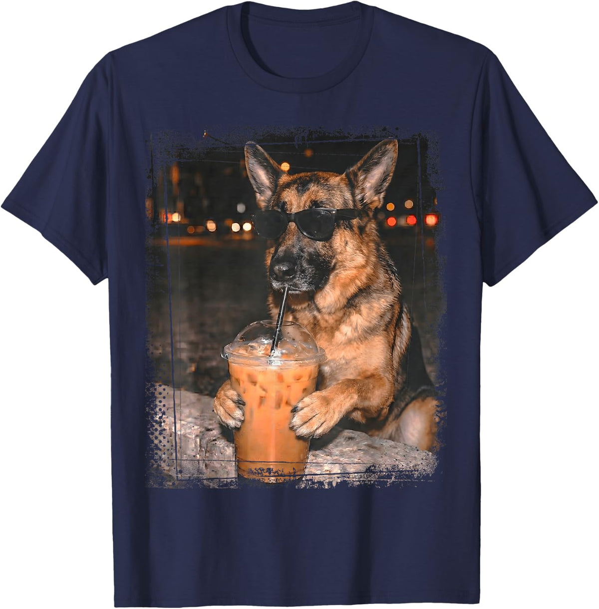 German Shepherd Dog Wearing Sunglasses Drinking Iced Coffee T-Shirt - Navy Blue