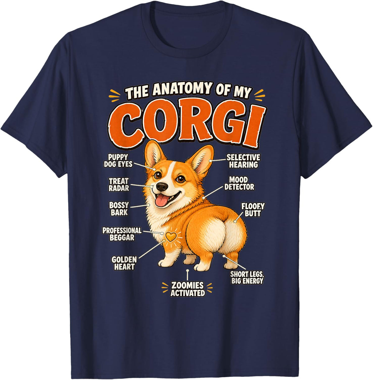 Funny Dog Owner Motif Corgi Anatomy Walking T-Shirt - Navy Blue