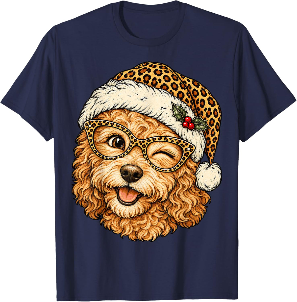 Funny Christmas Goldendoodle with Leopard Santa Hat Xmas Dog T-Shirt - Navy Blue