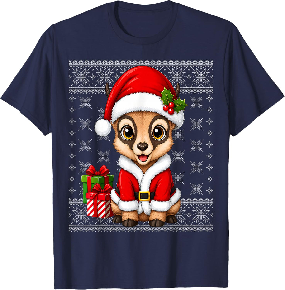 Chamois Goat in Christmas Santa Costume Ugly Sweaters Xmas T-Shirt - Navy Blue