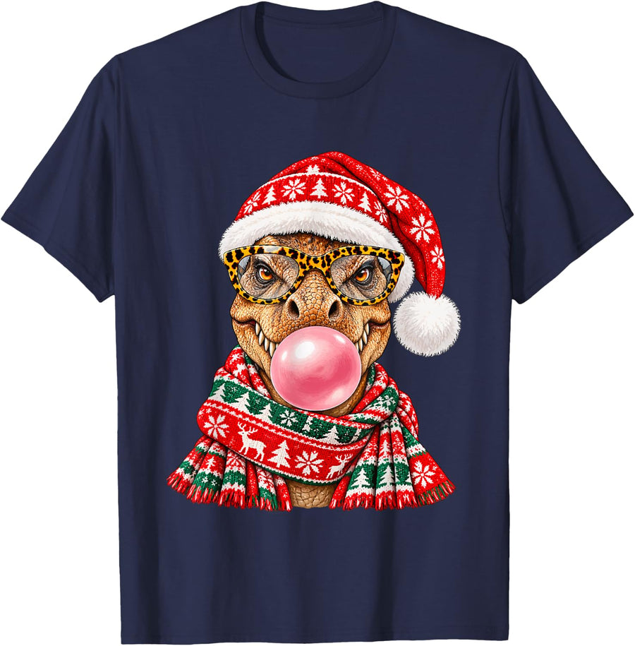 Fun Christmas T-rex with Bubblegum Festive Dinosaur Xmas T-Shirt - Navy Blue