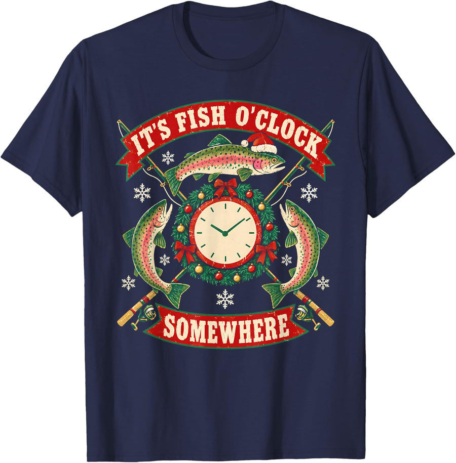 It's Fish O Clock Somewhere Christmas Trout Fishing T-Shirt - Navy Blue