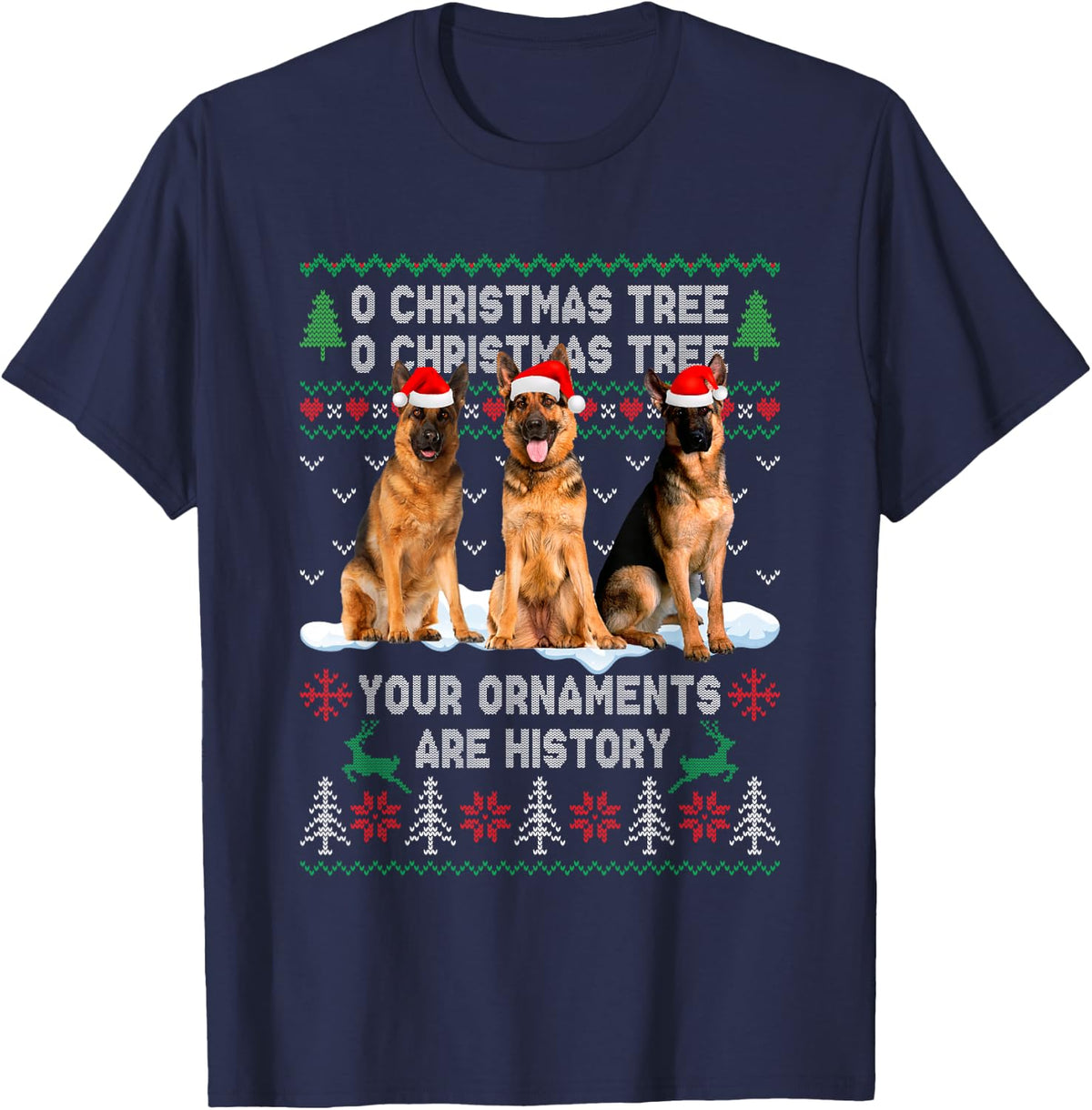Cute German Shepherd Dog Oh Christmas Tree Ugly Xmas T-Shirt - Navy Blue