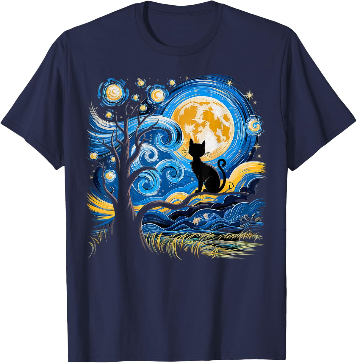 Cat Starry Night Van Gogh Gifts Cat Mom Cat Dad Cat Lover T-Shirt - Navy Blue