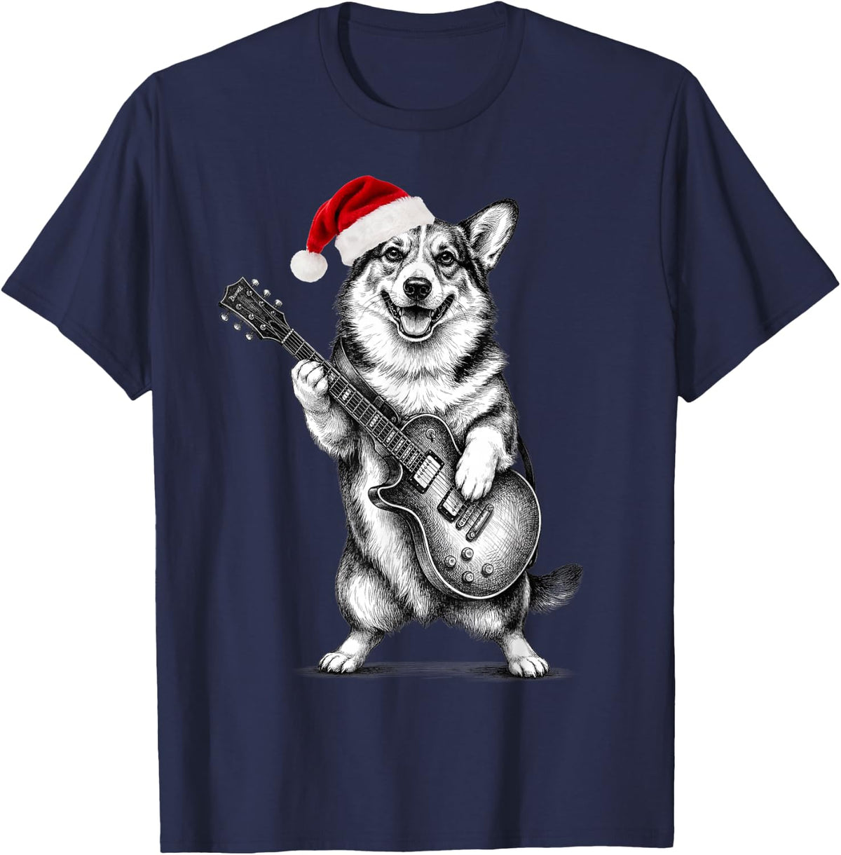Pembroke Welsh Corgi Guitar Player Christmas Band T-Shirt - Navy Blue