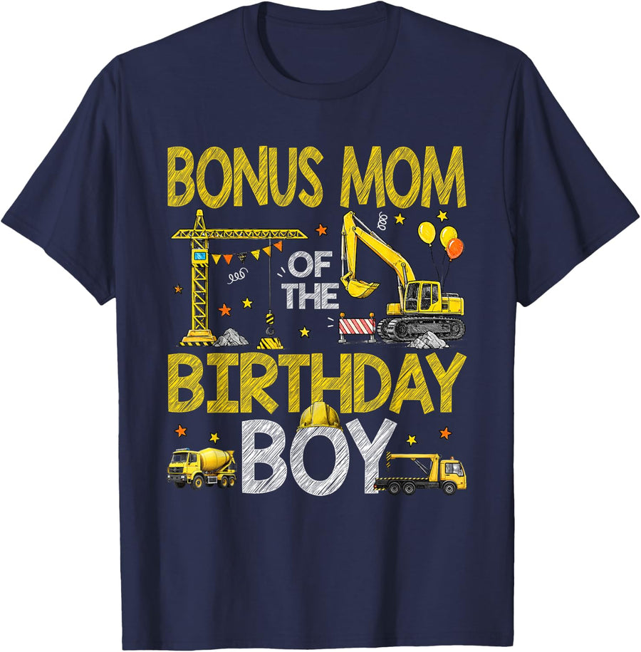Bonus Mom of The Birthday Boy Construction Worker Birthday T-Shirt - Navy Blue