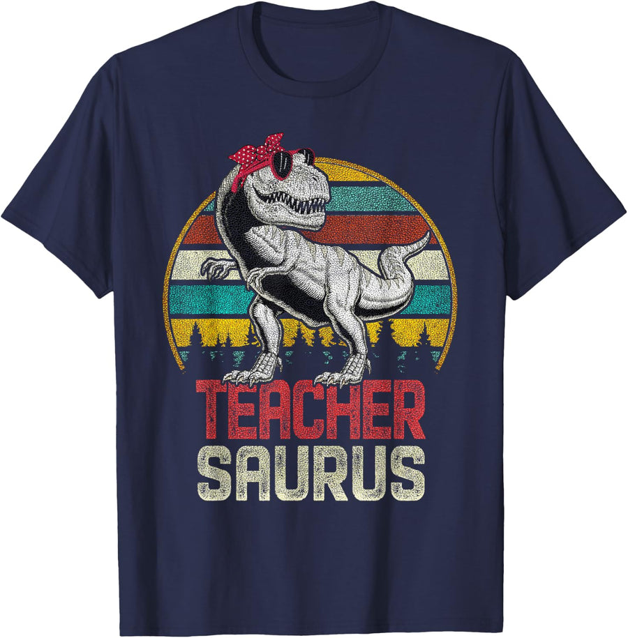 Teachersaurus T Rex Dinosaur Teacher Saurus Family Matching T-Shirt - Navy Blue