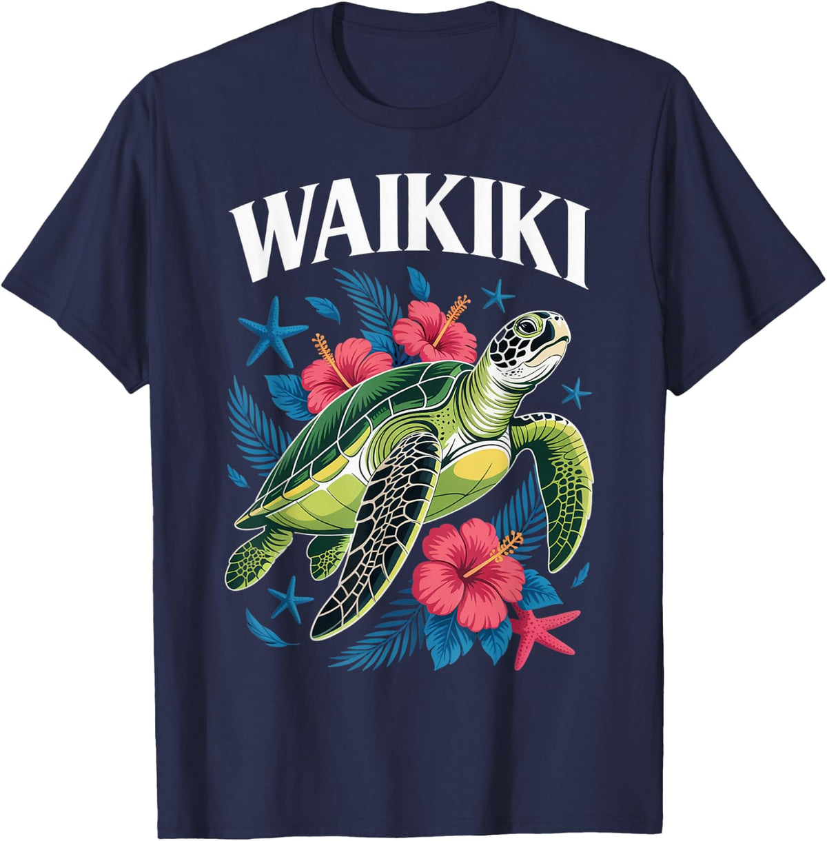 Tropical Waikiki Honolulu Hawaii Island Turtle Waikiki T-Shirt - Navy Blue