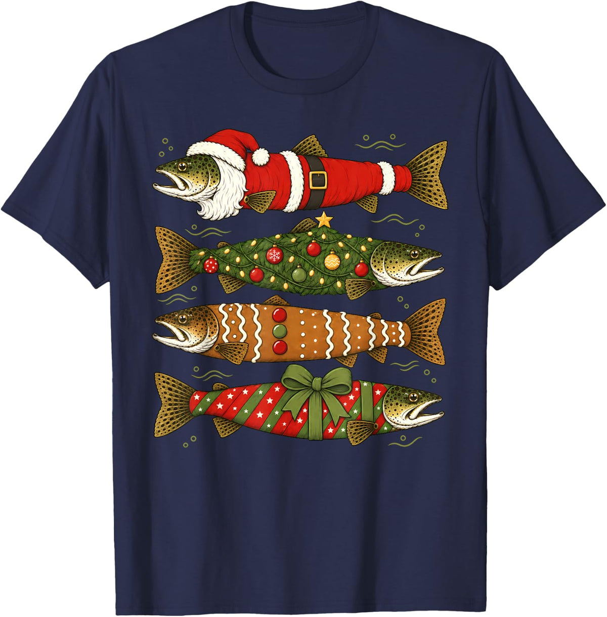 Christmas Trout Fishing Lover Fisherman Holiday Angler T-Shirt - Navy Blue