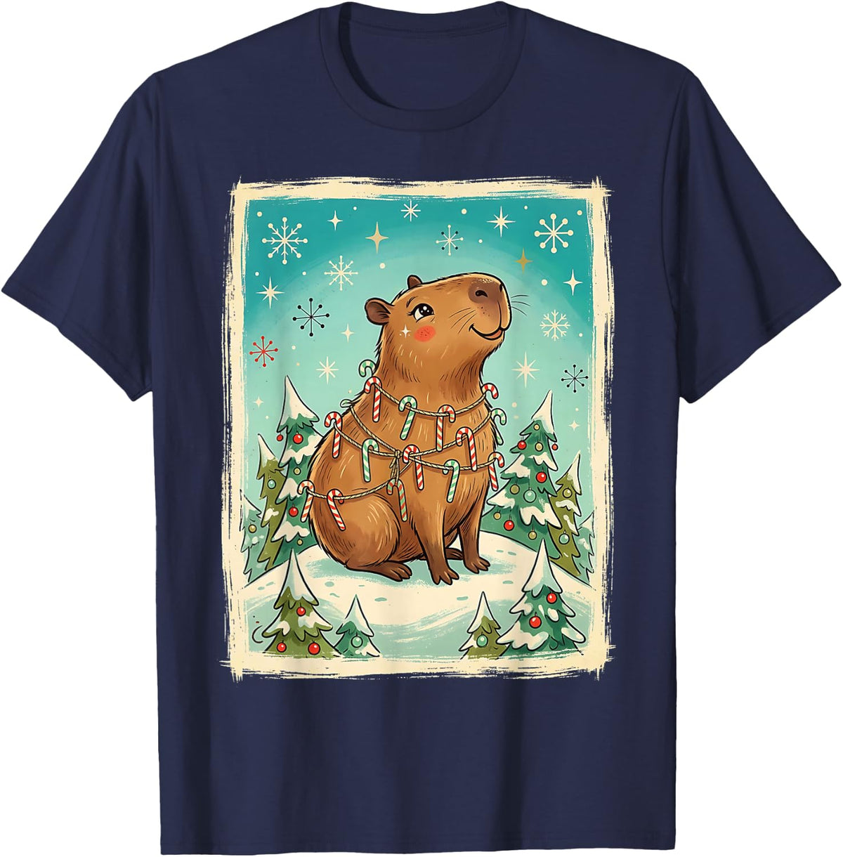 Capybara Candy Canes Retro Winter Holiday T-Shirt - Navy Blue