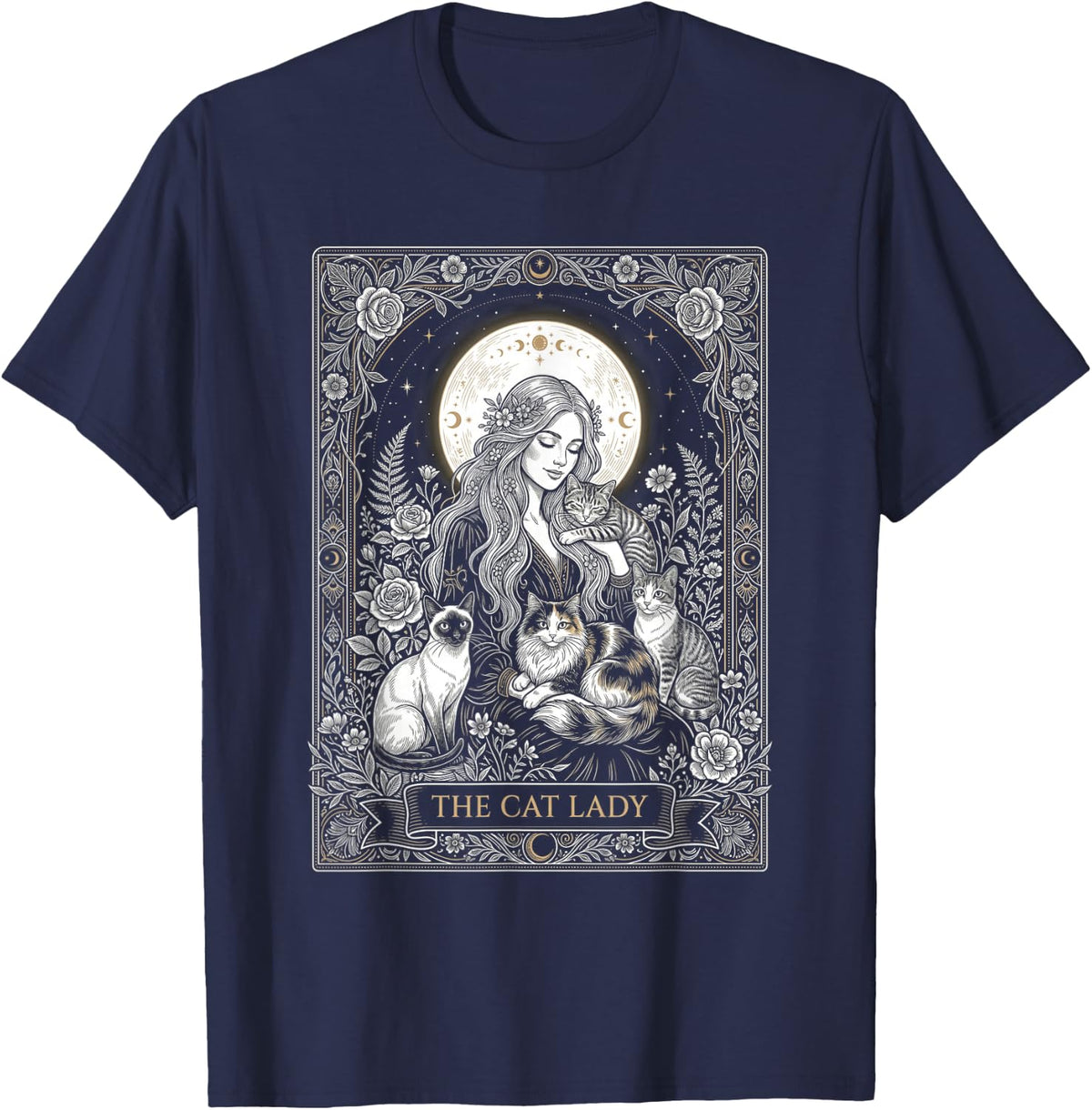 The Cat Lady – Witchy Gothic Tarot Cat Mom & Witch Cat T-Shirt - Navy Blue