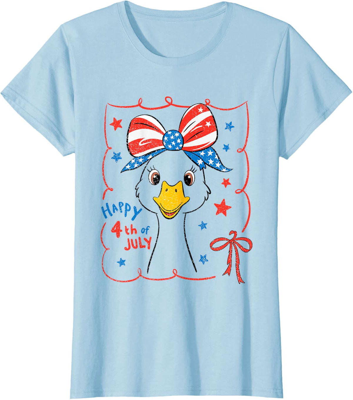 Cute Goose Coquette Bow American Flag USA Happy 4th Of July T-Shirt - Baby Blue