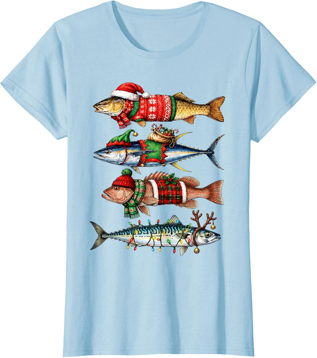 Christmas Trout Fishing Santa Reindeer ELF Xmas Tree Lights T-Shirt - Baby Blue