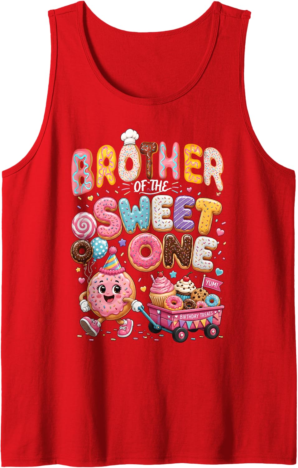 Bro Brother of The Sweet One Donut First Birthday Sleeveless Tank Top - Red