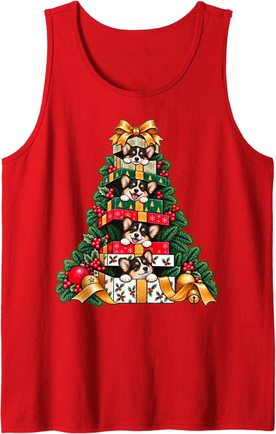 Pembroke Welsh Corgi Stacked Wrapped Boxes Tree Surprise Sleeveless Tank Top - Red