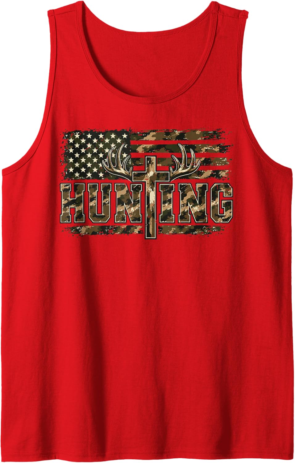 Men Christian Hunting Cross American Flag Camo Hunting Faith Sleeveless Tank Top - Red