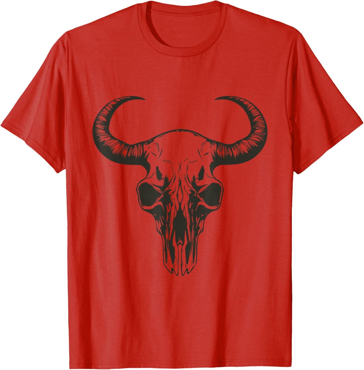 Stylized Bull Skull Curved Horns Western Rustic Boho Rodeo T-Shirt - Red
