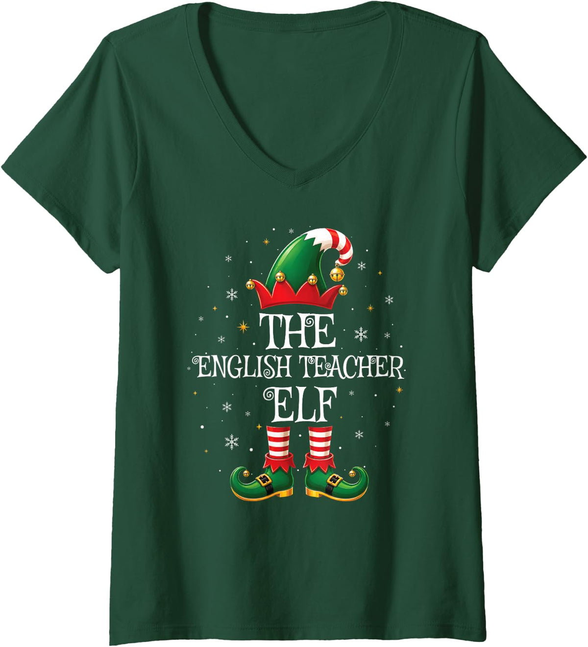 Women's Family Matching Men Women The English Teacher Elf Christmas V-Neck T-Shirt - Dark Green