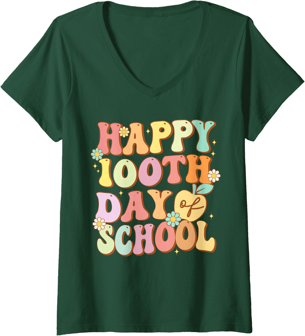 Women's Groovy Happy 100th Day of School Cute Students Kids Teachers V-Neck T-Shirt - Dark Green
