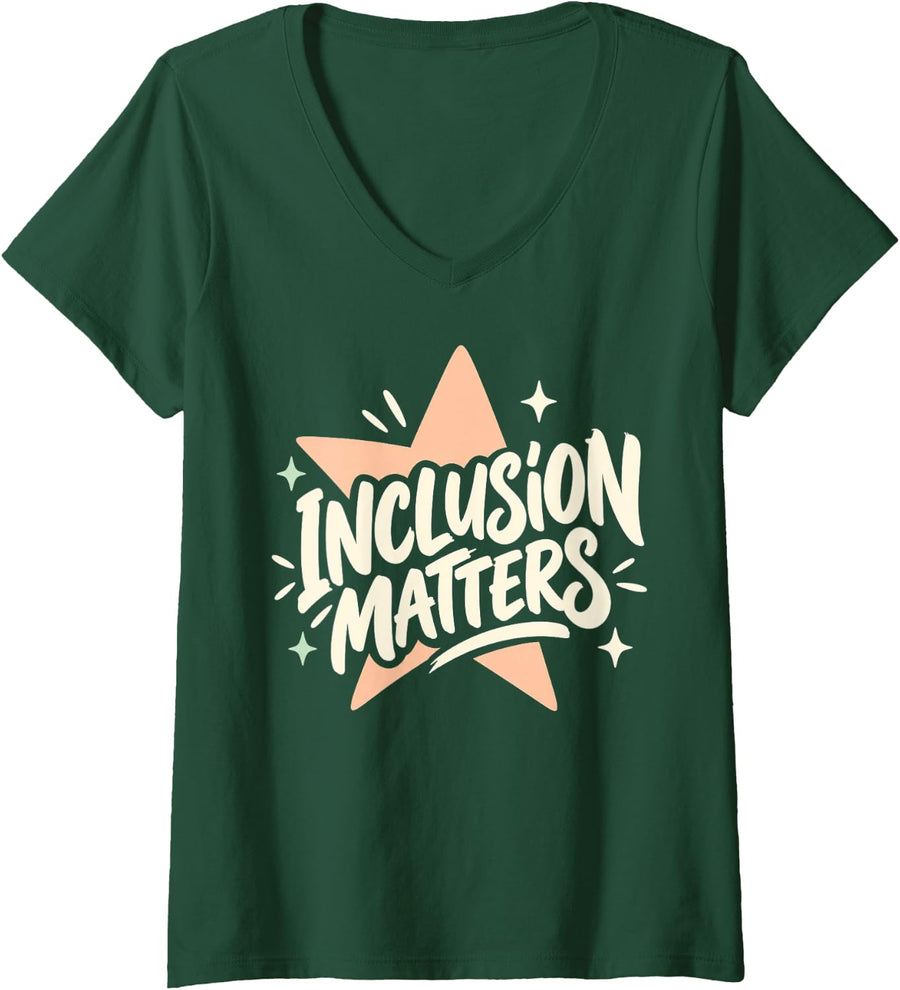 Women's Retro Inclusion Matters Supportive Kindness V-Neck T-Shirt - Dark Green