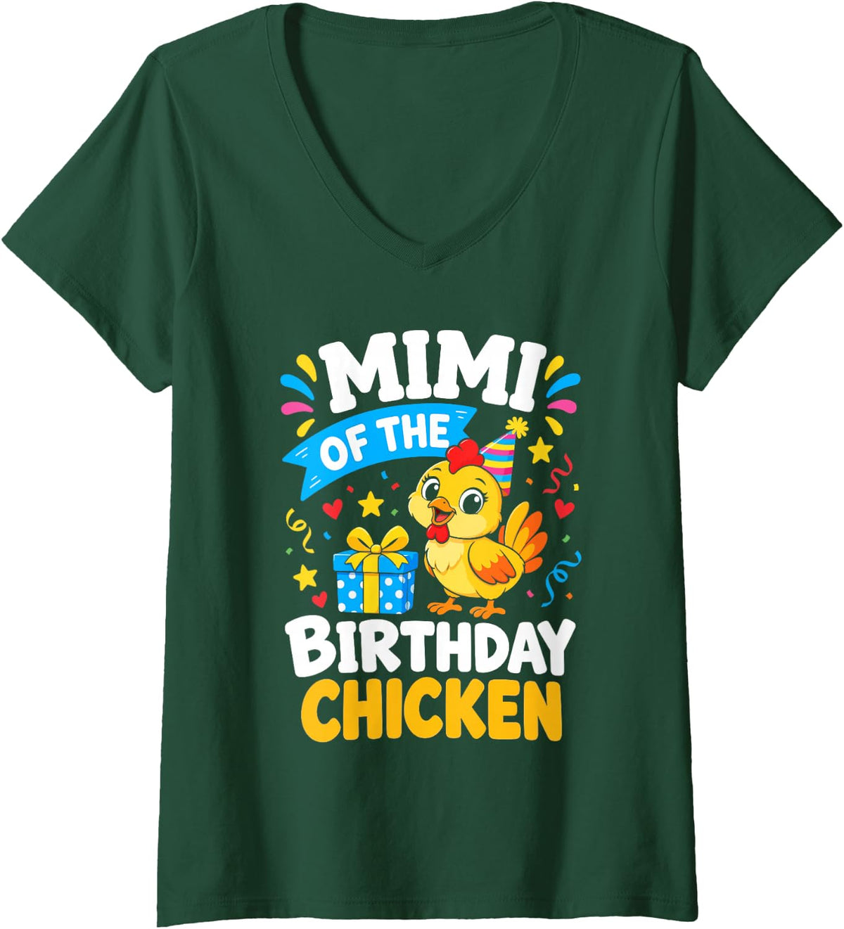 Women's Mimi of the Birthday Chicken Funny Cute Chicken Family V-Neck T-Shirt - Dark Green