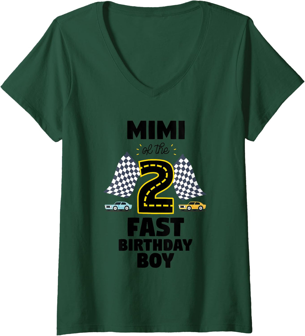 Women's Mimi Fast Two Birthday Party 2 Year Car Race V-Neck T-Shirt - Dark Green