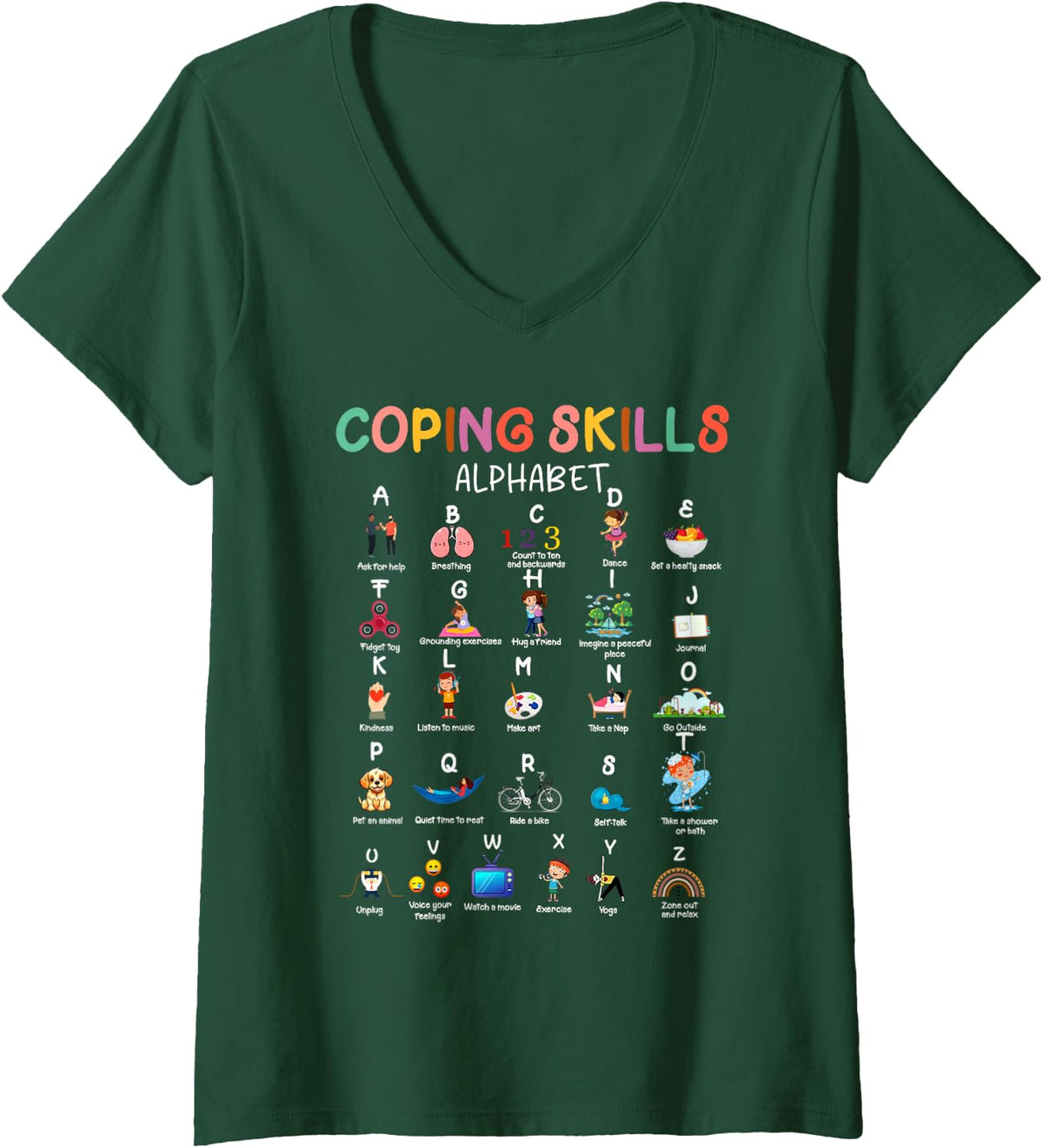Women's School Counselor My Coping Skills Alphabet Back to School V-Neck T-Shirt - Dark Green