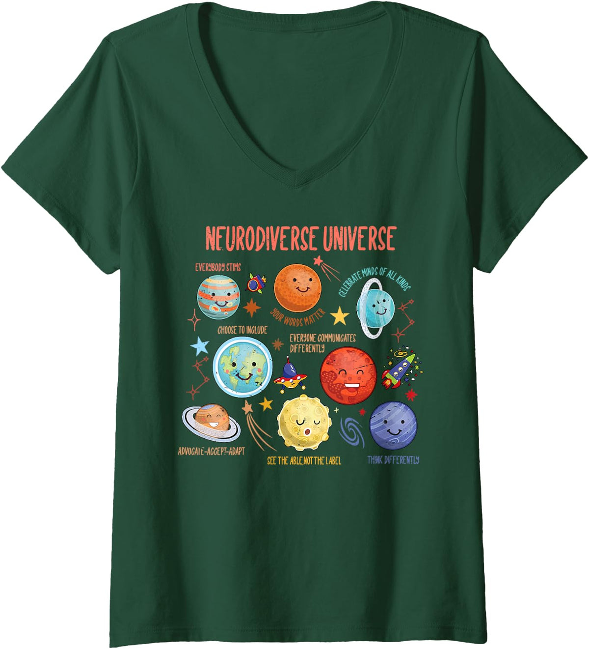 Women's Neurodiverse Universe Autism Awareness Space Neurodiversity V-Neck T-Shirt - Dark Green