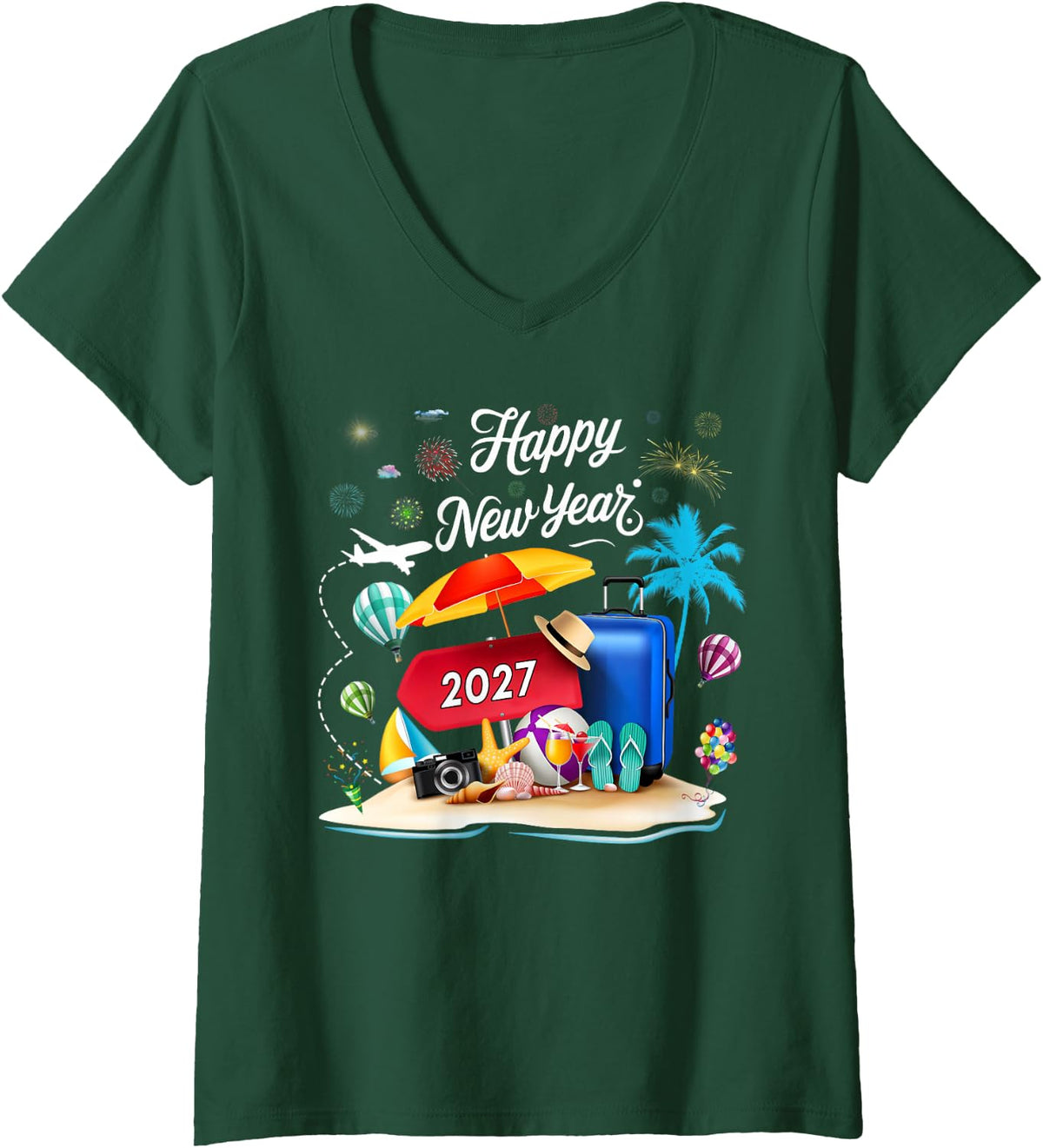 Women's Happy New Year 2027 Family Matching Outfit Custom Vacation V-Neck T-Shirt - Dark Green