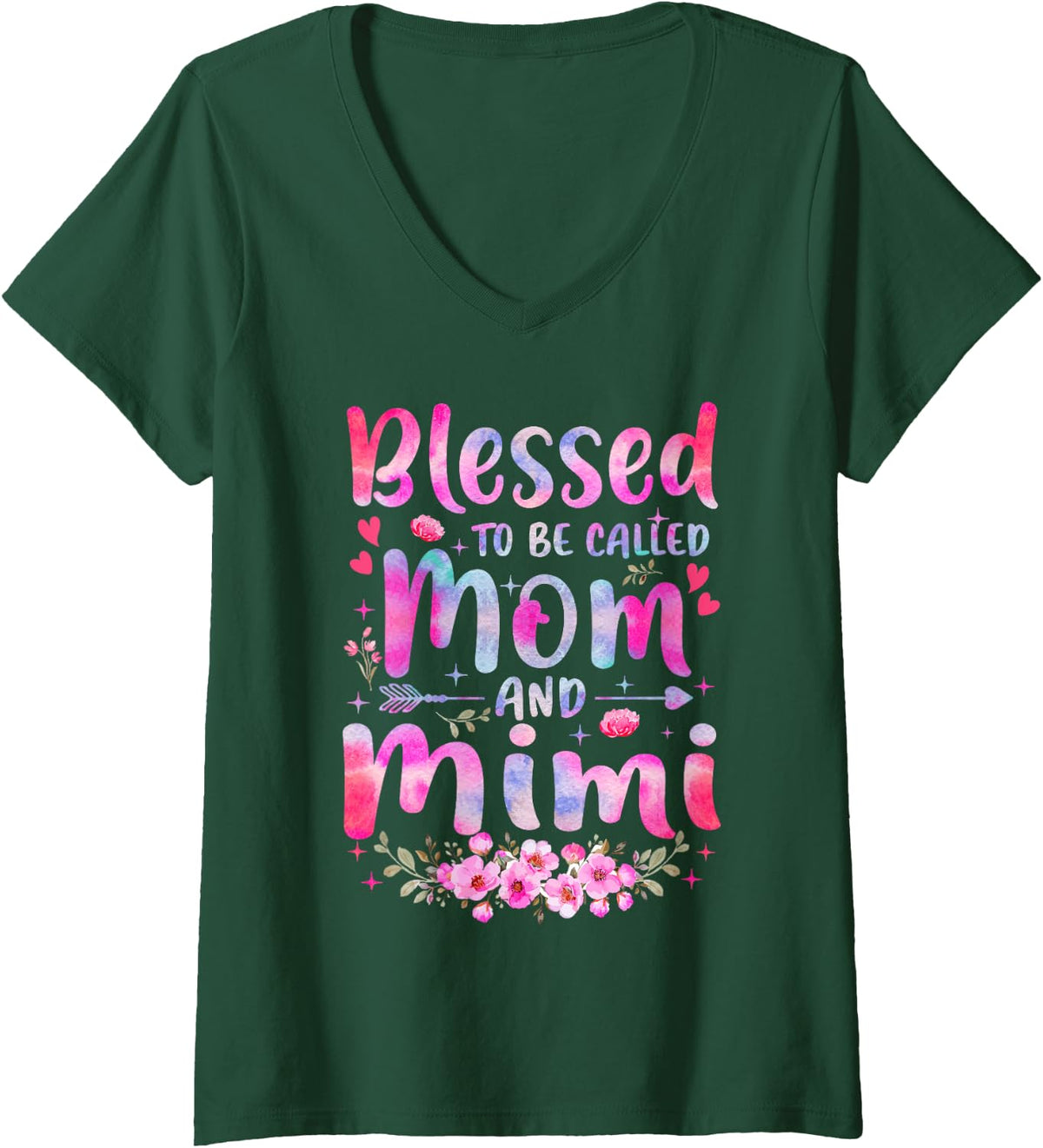 Women's Mother's Day Blessed to Be Called Mom and Mimi Flowers V-Neck T-Shirt - Dark Green