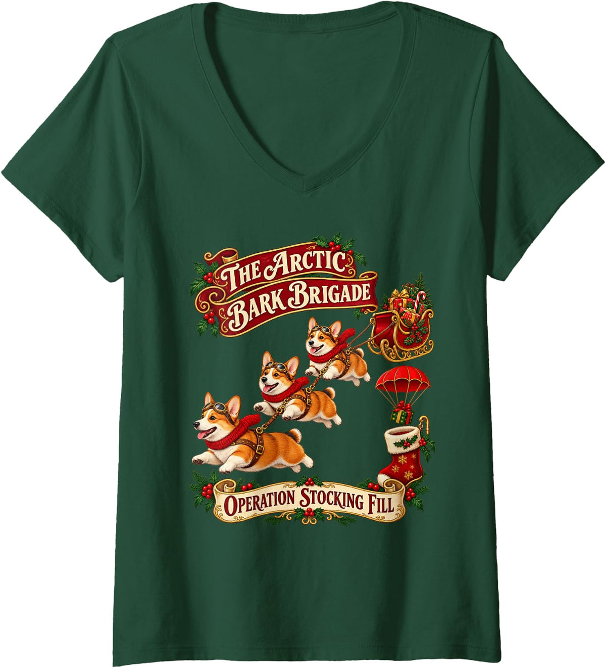 Women's Pembroke Welsh Corgi Pem Dog Classic Xmas Stocking V-Neck T-Shirt - Dark Green
