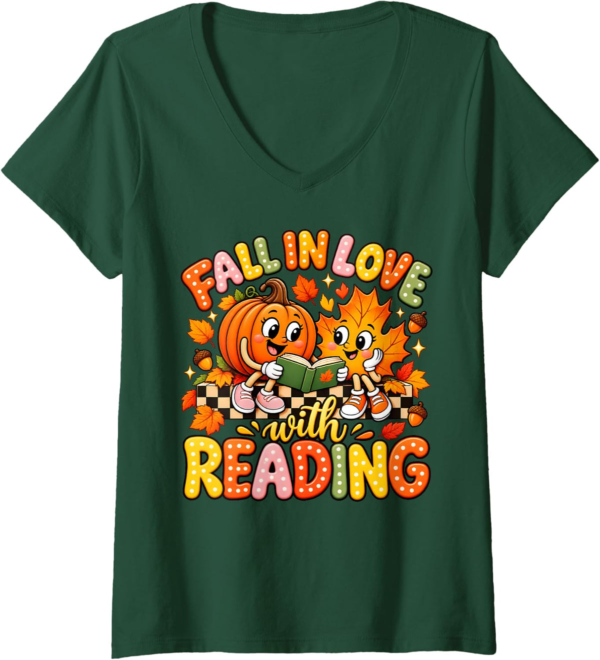Women's Fall in Love with Reading Autumn Pumpkin Teacher Book Lover V-Neck T-Shirt - Dark Green
