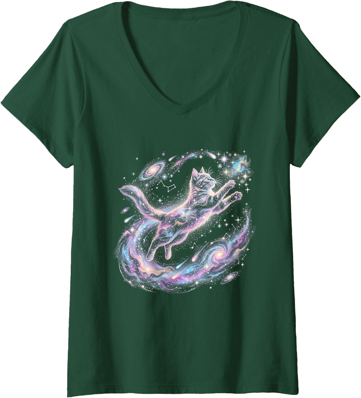 Women's Pastel Galaxy Cat Leaping Through Stars Dreamy Kitten V-Neck T-Shirt - Dark Green