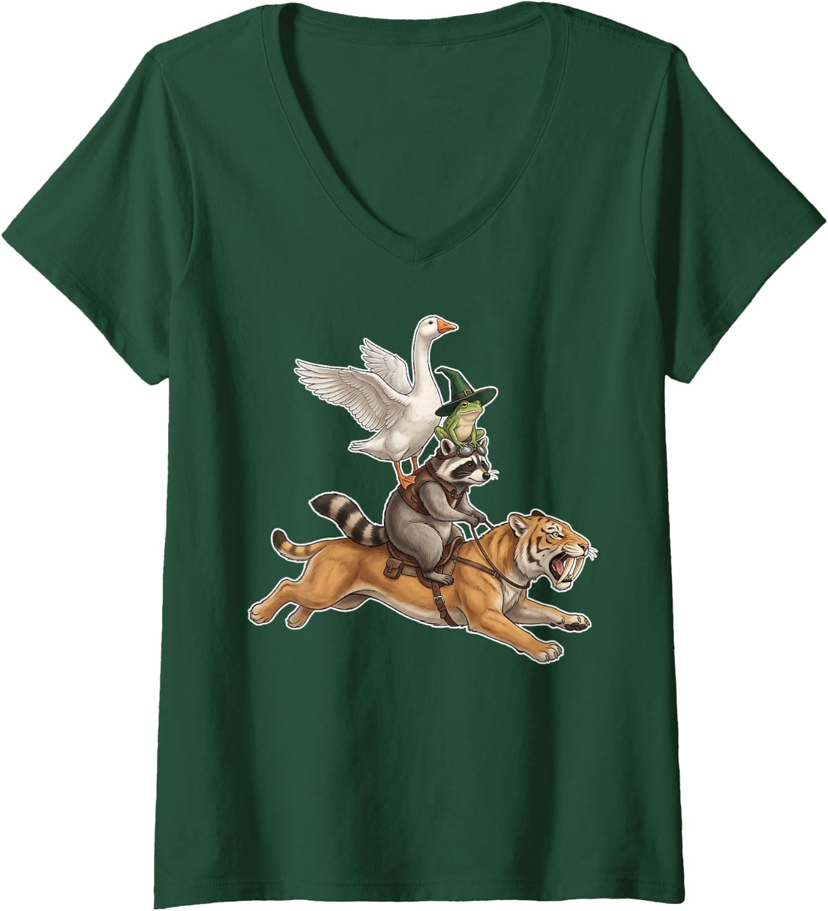 Women's was Cool Before Cats Animal Smilodon Saber-Toothed Tiger V-Neck T-Shirt - Dark Green