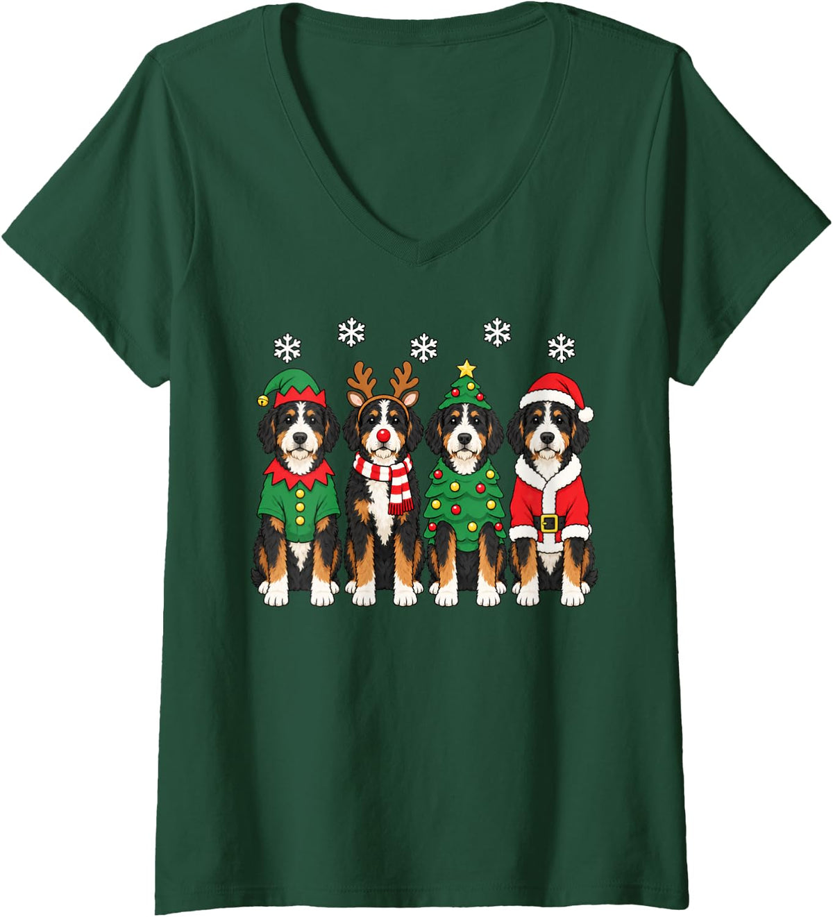 Women's Bernedoodle Christmas Reindeer Santa Doodle Dog Lover V-Neck T-Shirt - Dark Green