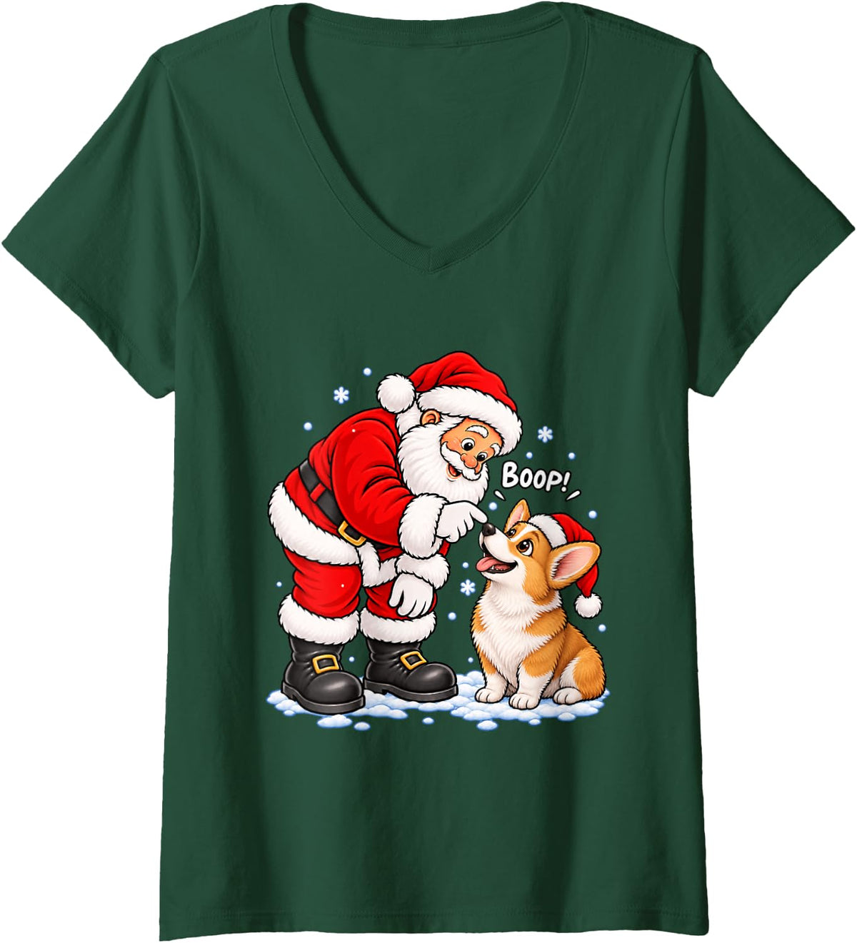 Women's Funny Pembroke Welsh Corgi Boop Santa Christmas V-Neck T-Shirt - Dark Green