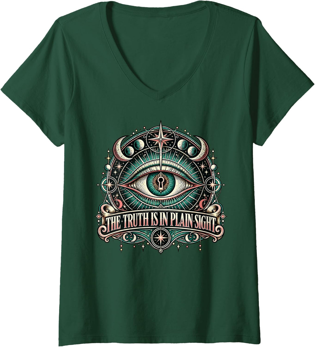 Women's The Truth is in Plain Sight All Seeing Eye Occult Mysteries V-Neck T-Shirt - Dark Green