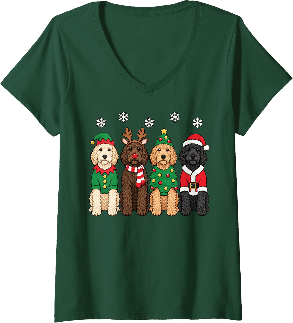 Women's Labradoodle Christmas Reindeer Santa Dog Lover V-Neck T-Shirt - Dark Green