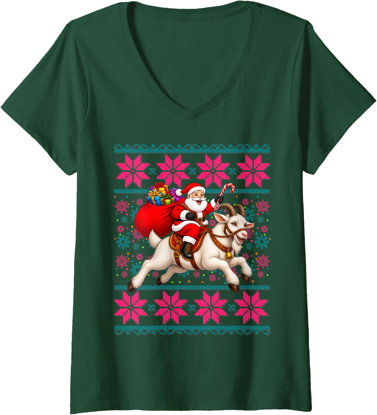 Women's Ugly Christmas Pajama Santa Riding Goat Xmas Women Boy Girls V-Neck T-Shirt - Dark Green