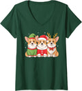 Women's Pembroke Welsh Corgi Christmas Puppies Elf Santa Reindeer V-Neck T-Shirt - Dark Green