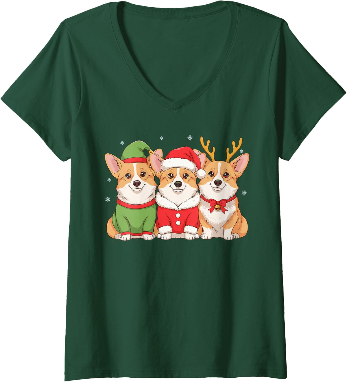 Women's Pembroke Welsh Corgi Christmas Puppies Elf Santa Reindeer V-Neck T-Shirt - Dark Green