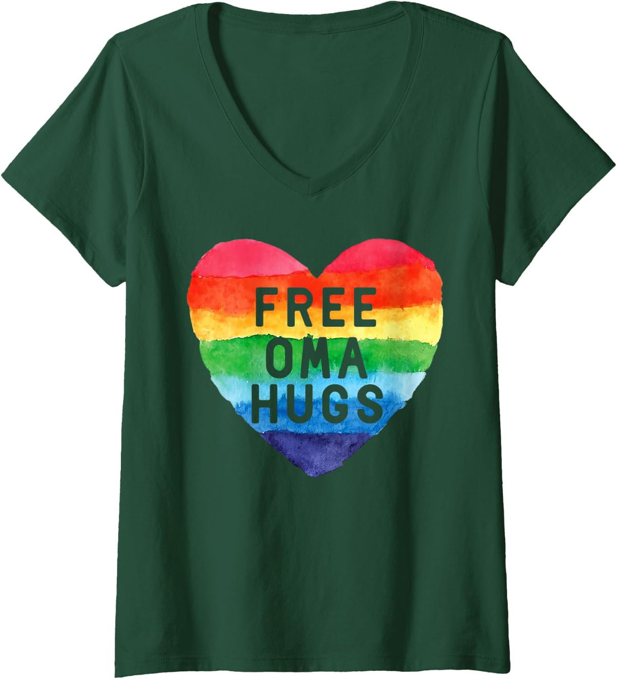 Women's Free Oma Hugs LGBT Flag V-Neck T-Shirt - Dark Green